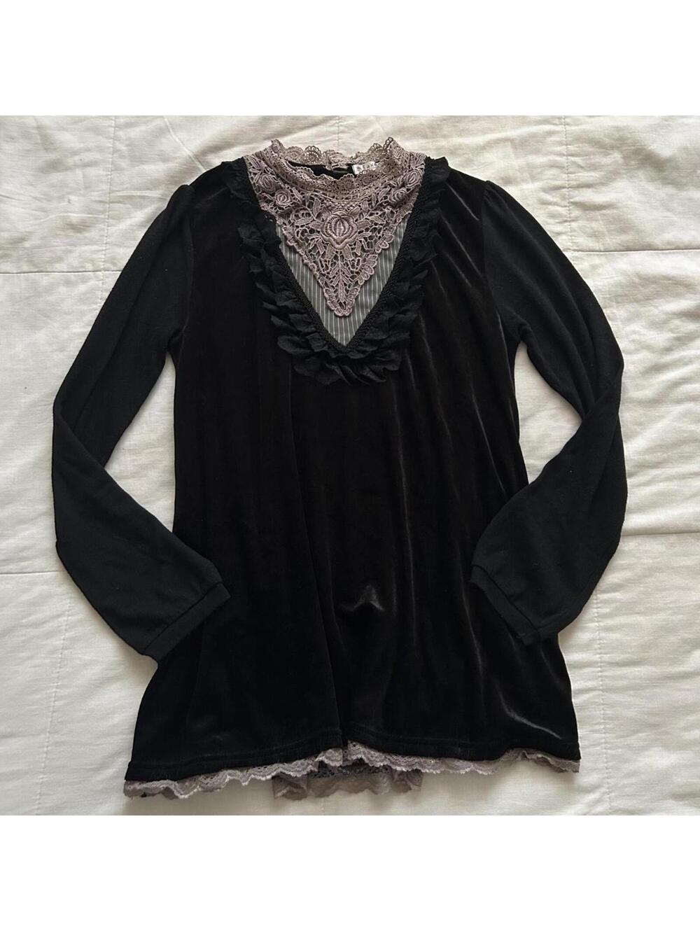 Axes Femme black velvet top with an ornate lace bib neckline